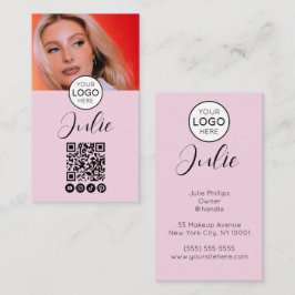 Tarjeta De Visita Código QR Rosa Claro, Logotipo y Maquillaje de Fot