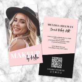 Tarjeta De Visita Código QR Rosa Foto Maquillaje Vertical