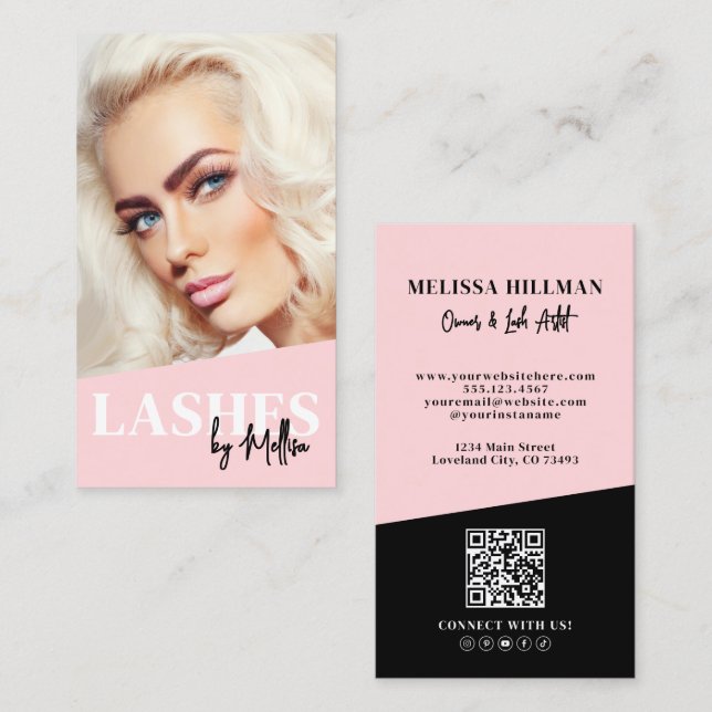 Tarjeta De Visita Código QR Rosa Foto Pestañas Verticales (Anverso / Reverso)