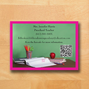 Tarjeta De Visita Código QR Rosa Profesor Escuela Primaria Preescola