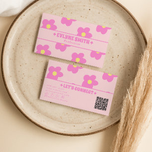 Tarjeta De Visita Código QR Rosa Retro Floral Boho Groovy Único Feme