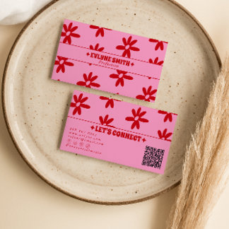 Tarjeta De Visita Código QR Rosa Retro Rojo Floral Femenino Groovy d