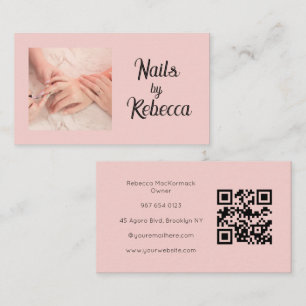 Tarjeta De Visita Código QR Rosa Rubor Foto Manicurista Letra Negra