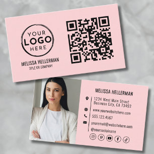 Tarjeta De Visita Código QR Rosa Sonrojado Logo de Foto Moderno Prof