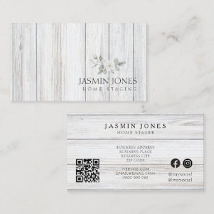 Tarjeta De Visita Código QR rústico de madera blanca minimalista mod