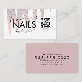 Tarjeta De Visita Código QR Salón de Uñas  Brillo Rosa con Efecto de