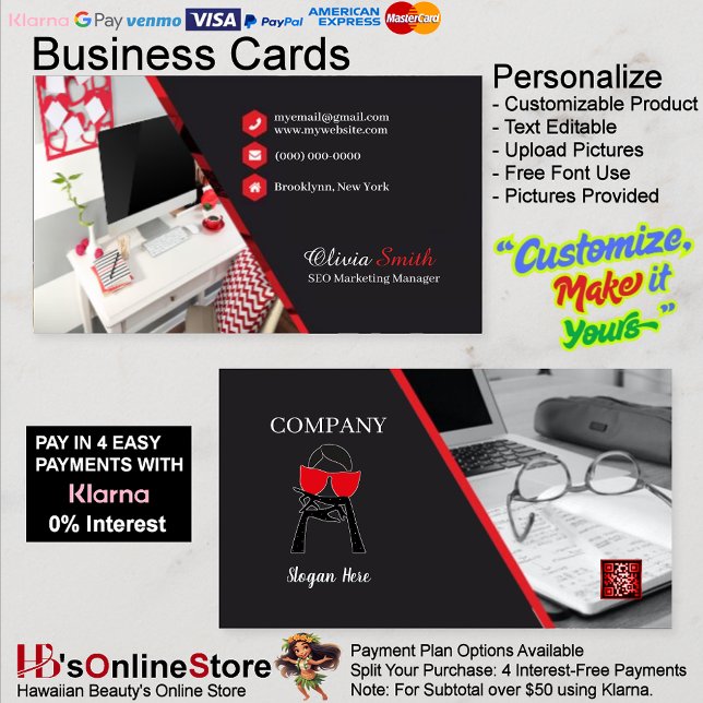 Tarjeta De Visita Código QR SEO elegante de oficina femenino rojo ne (Girly Office Red Black Classy SEO QR Code Business Card 4.)