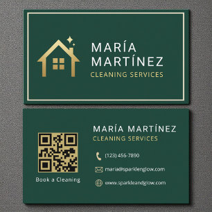 Tarjeta De Visita Código QR Servicios de Limpieza Verde Oro