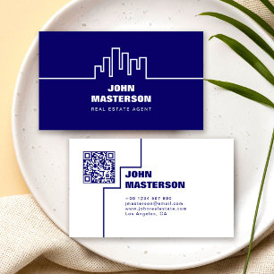 Tarjeta De Visita Código QR Simple Azul Real Agente Inmobiliario