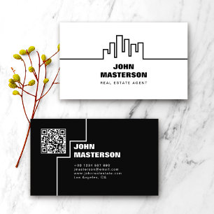 Tarjeta De Visita Código QR Simple Blanco y Negro Agente de Bienes R