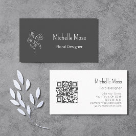 Tarjeta De Visita Código QR Simple Daisy Floral Designer Gray