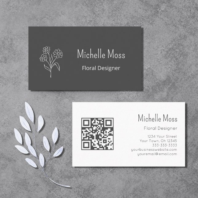 Tarjeta De Visita Código QR Simple Daisy Floral Designer Gray (Subido por el creador)