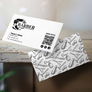 Tarjeta De Visita Código QR Simple de Barbería en Blanco y Negro par