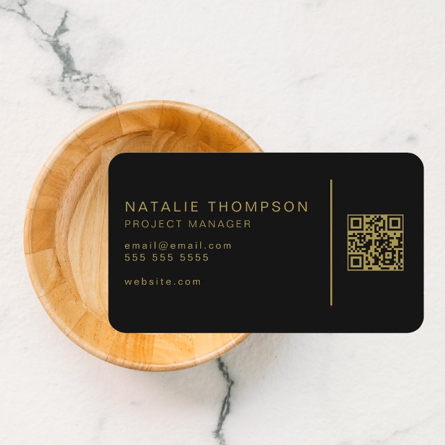 Tarjeta De Visita Código QR simple elegante elegante negro y oro (Subido por el creador)