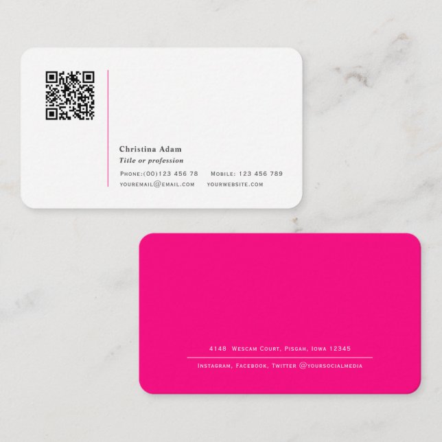 Tarjeta De Visita Código QR Simple moderno Hot Pink Professional (Anverso / Reverso)