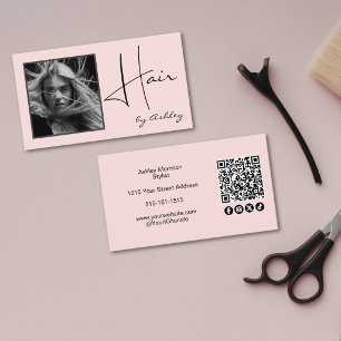 Tarjeta De Visita Código QR Social Pelo Script Negro Foto Rosa Rubor