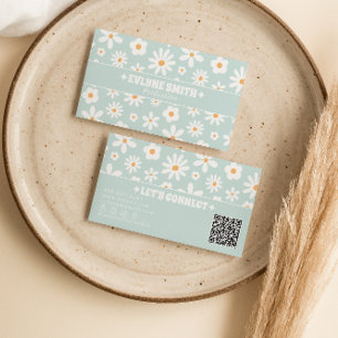 Tarjeta De Visita Código QR Teal Retro Floral Boho Único de los 70