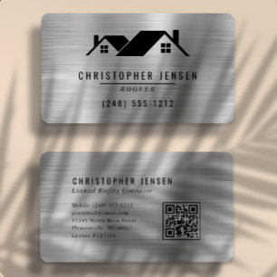 Tarjeta De Visita Código QR Techos Negro Plateado Metálico Redondead