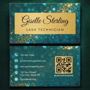 Tarjeta De Visita Código QR Técnico de Pestañas de Lujo Glitter Azul