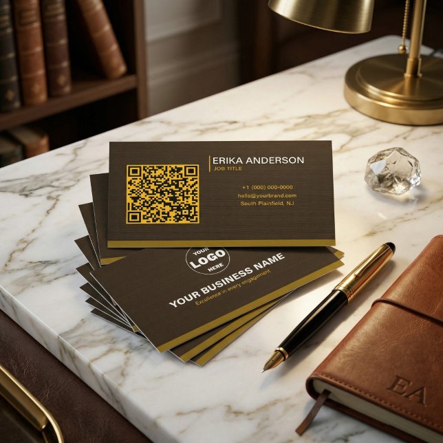 Tarjeta De Visita Código QR Texturizado Marrón Oscuro de Lujo Mínimo (Luxury Dark Brown Textured QR Code Minimal Gold Business Card)