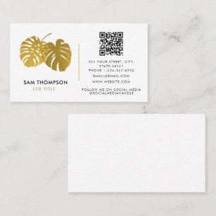 Tarjeta De Visita Código QR Tropical Monstera Dorado Moderno para Re
