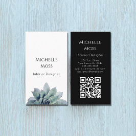 Tarjeta De Visita Código QR Verde Botánico moderno Blanco negro