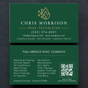 Tarjeta De Visita Código QR Verde Dorado HVAC Moderno