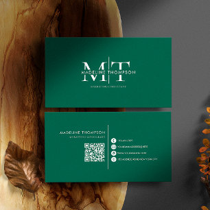 Tarjeta De Visita Código QR verde esmeralda de monografía moderna