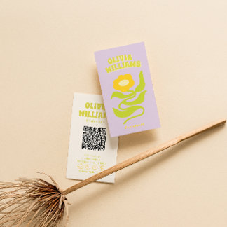 Tarjeta De Visita Código QR Verde Morado Retro Floral Elegante y Mod