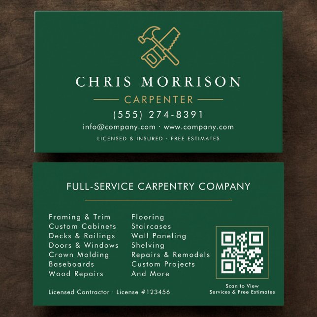 Tarjeta De Visita Código QR Verde Oro Carpintero Moderno (Subido por el creador)