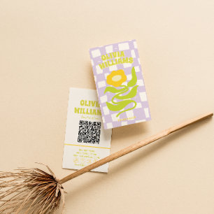 Tarjeta De Visita Código QR Verde Púrpura Retro Groovy Floral Cuadra