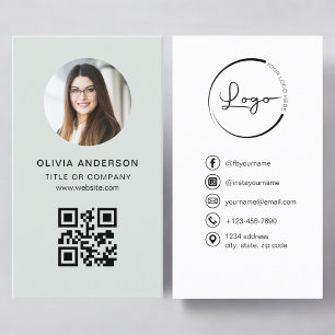Tarjeta De Visita Código QR Verde Sage de Foto Profesional en Redes
