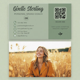 Tarjeta De Visita Código QR verde sage Foto Monograma de medios soci