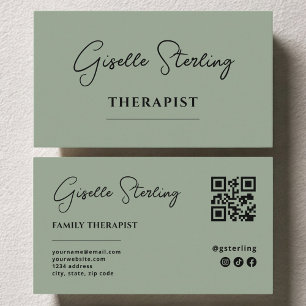 Tarjeta De Visita Código QR Verde Sage Psicólogo Terapeuta