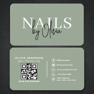 Tarjeta De Visita Código QR Verde Salvia Artista de Uñas Profesional