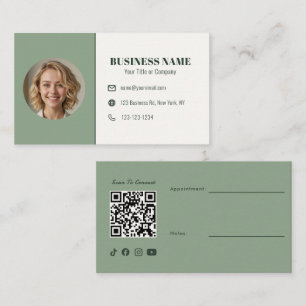 Tarjeta De Visita Código QR Verde Salvia Foto Cita Esteticista