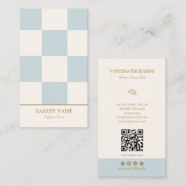 Tarjeta De Visita Código QR Vertical de Panadería Azul Chic a Cuadro