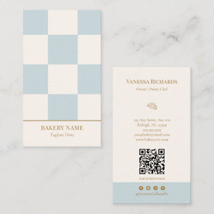 Tarjeta De Visita Código QR Vertical de Panadería Azul Chic a Cuadro