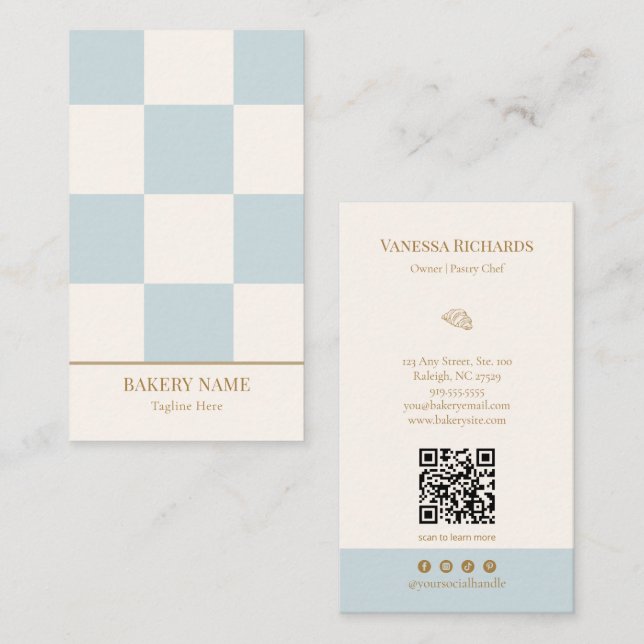 Tarjeta De Visita Código QR Vertical de Panadería Azul Chic a Cuadro (Anverso / Reverso)