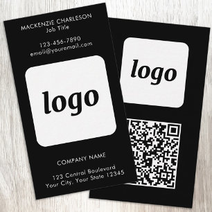 Tarjeta De Visita Código QR Vertical de Texto de Logo Simple Negro
