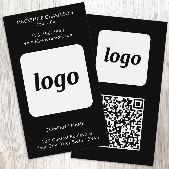 Tarjeta De Visita Código QR Vertical de Texto de Logo Simple Negro (Simple logo with custom text and QR code business branding promotional vertical black business cards)