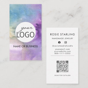 Tarjeta De Visita Código QR Watercolor Professional Logo Vertical