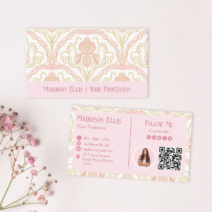 Tarjeta De Visita Código QR y foto floral Art Nouveau rosa sonrojado
