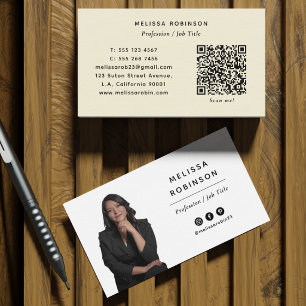 Tarjeta De Visita Código QR y Foto Personalizada Amarillo Crema Mode
