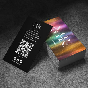 Tarjeta De Visita Código QR y monograma con brillo metálico colorido