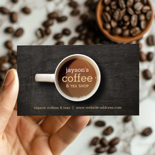 Tarjeta De Visita Coffee Cup on Black Wood Coffee Shop Business Card