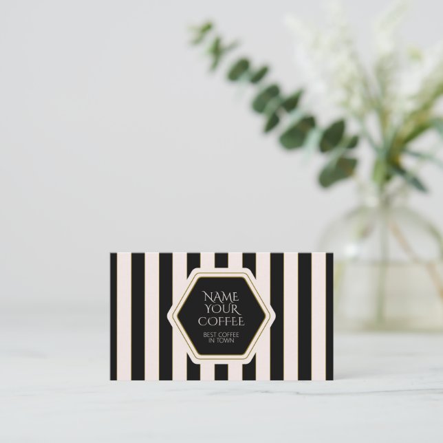 Tarjeta De Visita Coffee Shop Black and Cream Stripes with Gold (Anverso de pie)