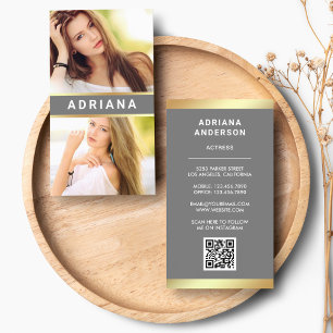 Tarjeta De Visita Colage de fotos Código QR Actriz modelo Grey Gold 