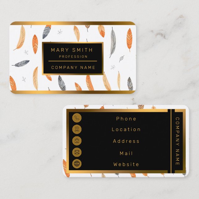 Tarjeta De Visita Colección Boho de Lujo con Plumas de Moda (Anverso / Reverso)