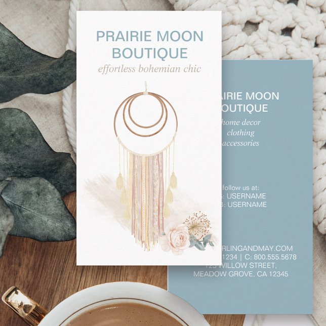 Tarjeta De Visita Colgado de la pared de macrame de la acuarela Boho (Boutique business card with bohemian feminine macrame wallhanging in neutral color story)